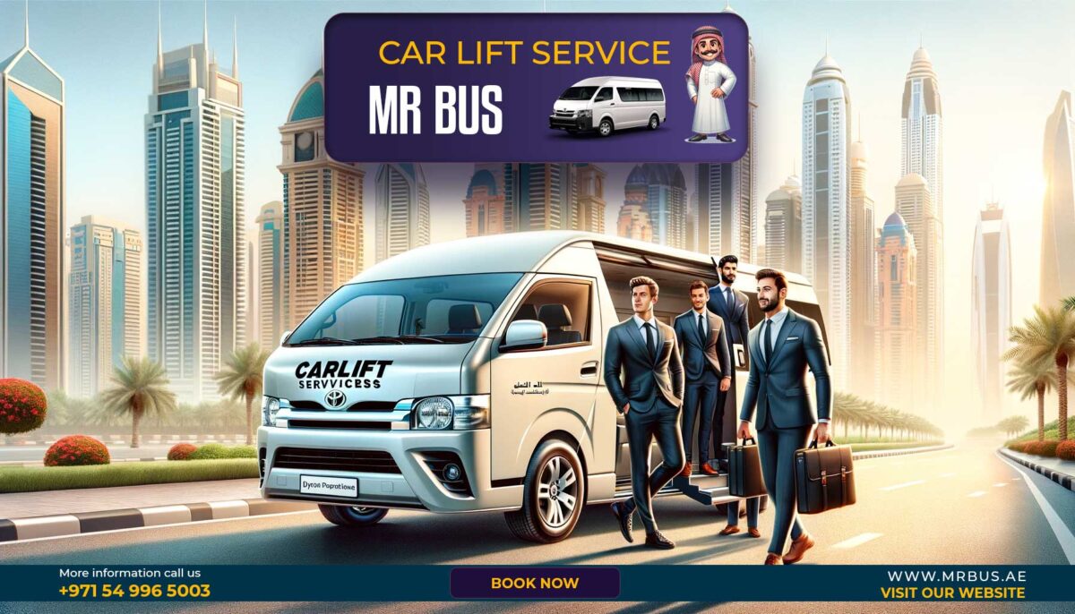 A group of commuters sharing a ride in a modern, eco-friendly vehicle in Dubai, illustrating the concept of Car Lift Dubai with Mr Bus.