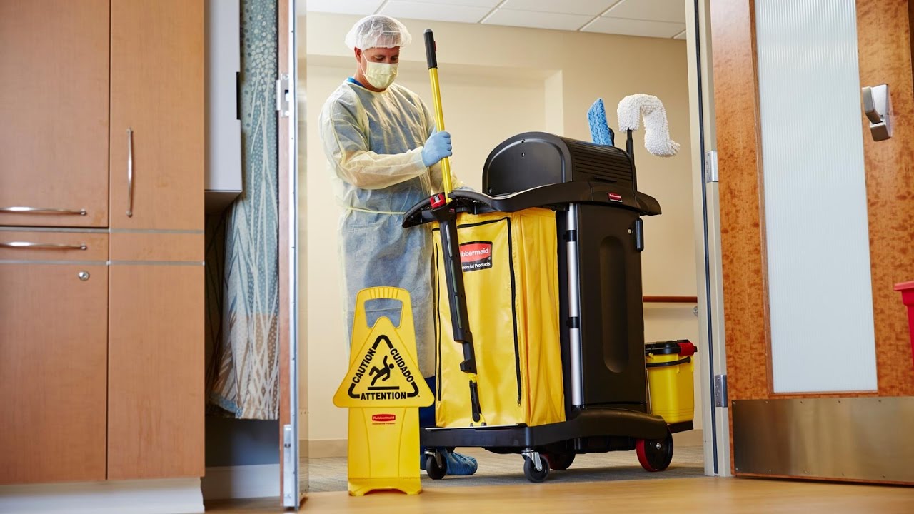 A cleaner in a medical office, ready to assist in a healthcare cleaning services.