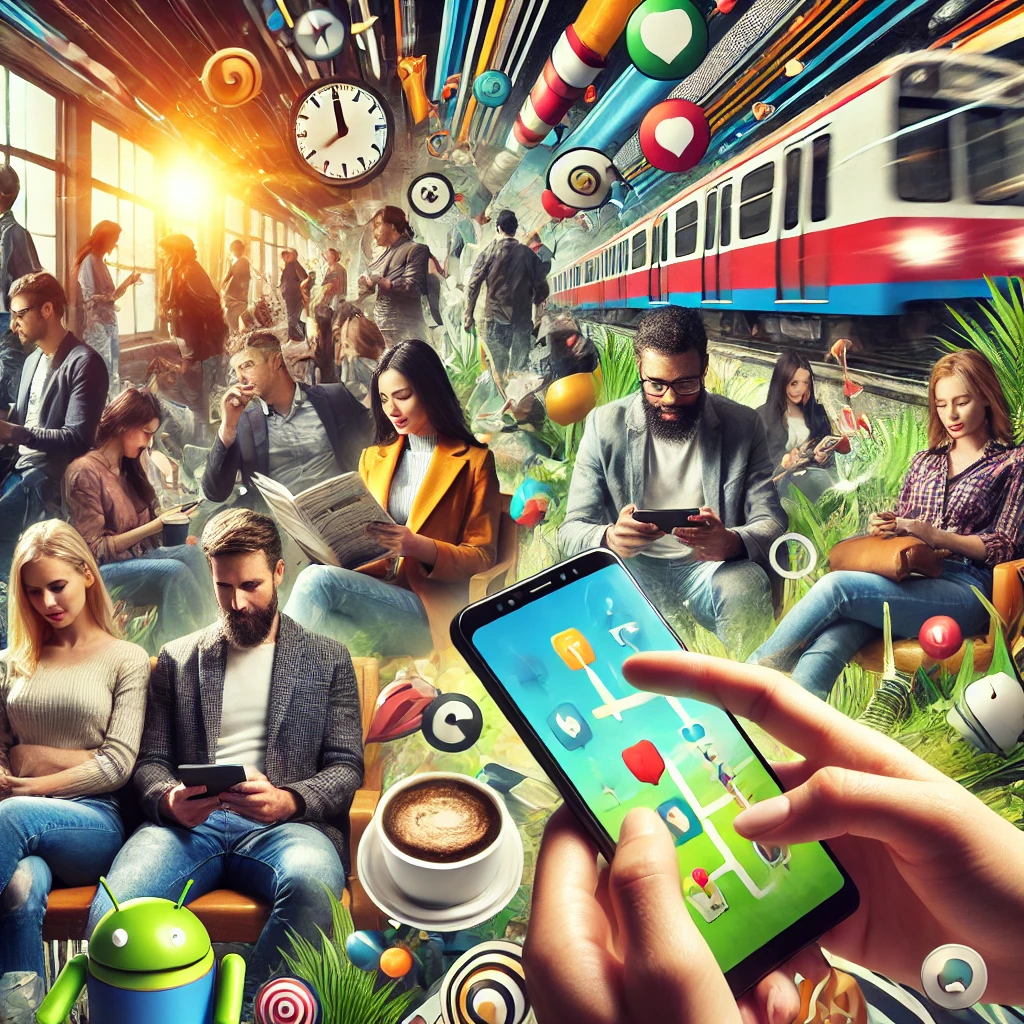 People playing mobile games in diverse everyday settings, showcasing engagement and joy.