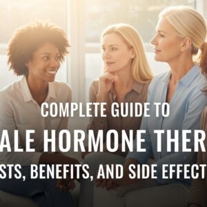 Diverse group of women discussing Female Hormone Therapy costs, benefits, and side effects in a bright, supportive setting.