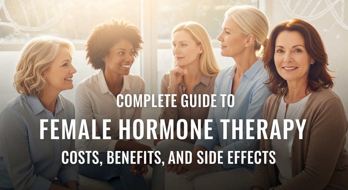 Diverse group of women discussing Female Hormone Therapy costs, benefits, and side effects in a bright, supportive setting.