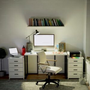 Modern home office setup with white desk, ergonomic chair, desktop computer, laptop, and organized workspace with books, plants, and office supplies