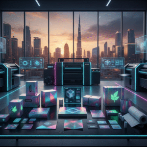 Dubai printing industry 2025 with advanced digital printers and skyline background