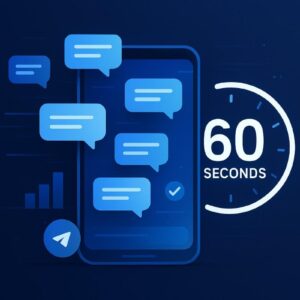 Illustration of instant bulk SMS delivery showing a smartphone with message statuses like Sent and Delivered, automated delivery lines, DLT-compliant messaging, and a 60-second dispatch timer in a futuristic digital interface.