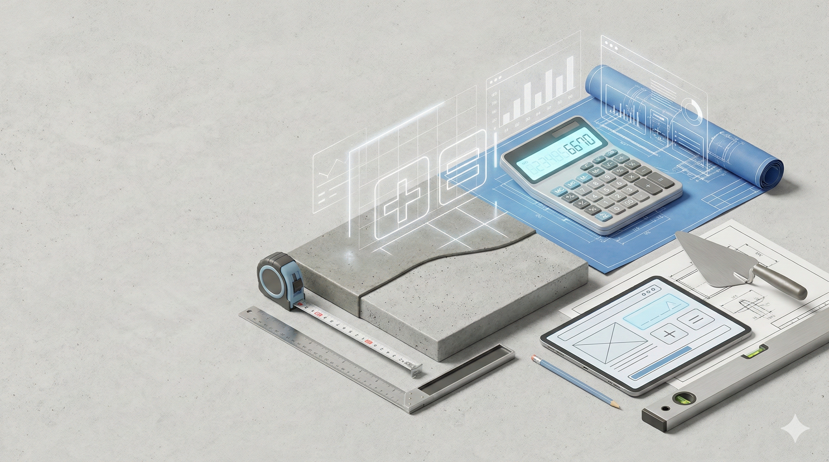 Concrete slab measurement tools with calculator and construction planning visuals