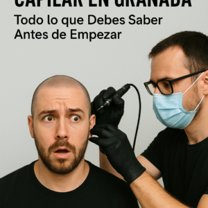 Hombre con cabeza rapada recibiendo una sesión de micropigmentación capilar por un técnico profesional con mascarilla y guantes en una clínica de Granada.