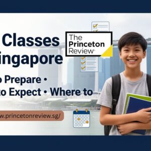 thumbnail image of a boy standing with books while smiling, and text of sat classes in singapore guide.