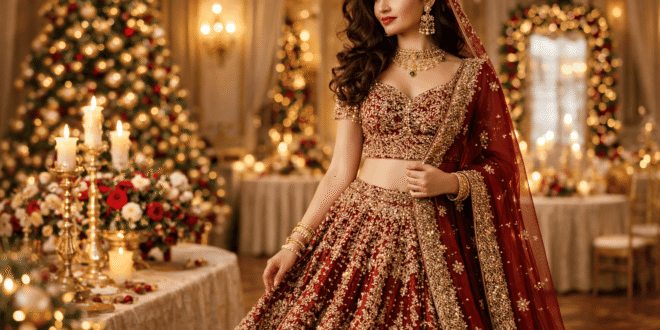 South Asian bride wearing an elegant Indian bridal lehenga for a UK wedding