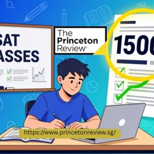 image of a boy studying on a table with laptop, visuals of text of sat classes and score 1500+