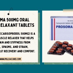 Prosoma 500mg oral muscle relaxant tablets pack with blister strips, used to relieve muscle pain, spasms, stiffness, and injury-related discomfort.
