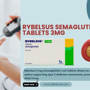 Rybelsus semaglutide 3mg tablets shown with blood sugar testing and pancreas illustration, representing modern oral treatment for type 2 diabetes.