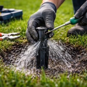 DIY lawn maintenance tips showing broken sprinkler repair to avoid costly lawn and irrigation damage