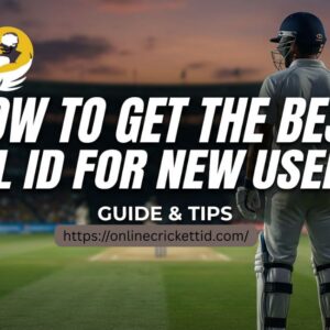 Cricketer with helmet and gear stands in a stadium at dusk, facing the field. Text reads, "How to Get the Best IPL ID for New Users - Guide & Tips