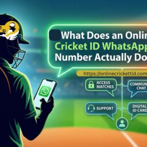 A cricketer holds a phone displaying the WhatsApp icon in a brightly lit stadium. The overlay text asks, "What Does an Online Cricket ID WhatsApp Number Actually Do?" with features like accessing matches, community chat, support, and digital ID card. Mood is informative and sporty.