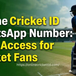A silhouette of a cricket player holding a bat on a field. Text reads, "Online Cricket ID WhatsApp Number: Easy Access for Cricket Fans" against a green background. it have URL OF "onlinecrickettid.com" with its logo.