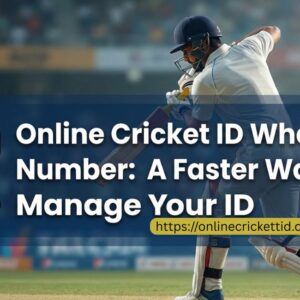 Cricketer in action on a field, with a digital overlay of a phone and a WhatsApp icon. Text promotes online cricket ID WhatsApp Number. Image contains "onlinecrickettid.com" URL and its site logo.