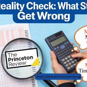 "Image titled 'SAT Reality Check: What Students Get Wrong' shows a SAT test paper with answers, a calculator, and a pencil. Two highlighted mistakes: 'Misreading Questions' and 'Time Management' are emphasized. 'The Princeton Review' logo is seen under a magnifying glass."