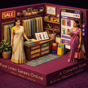 Pure linen saree with woven butta design showing breathable fabric and elegant texture