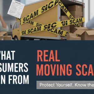 A conceptual image of a man in a black balaclava holding moving boxes, representing a moving scam.