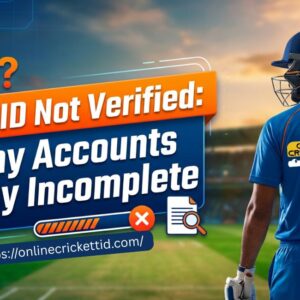 A cricketer in a blue uniform stands on a lit stadium field. Text reads "IPL ID Not Verified: Why Accounts Stay Incomplete," with warning icons and a URL below.