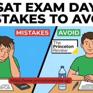 Illustration contrasting SAT exam day mistakes to avoid; left side shows a stressed student, right side a calm student with necessary supplies.