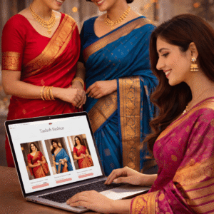Beautiful women wearing pure Kanchipuram silk sarees and shopping for authentic Kanchipuram saree online at Taashi Fashion