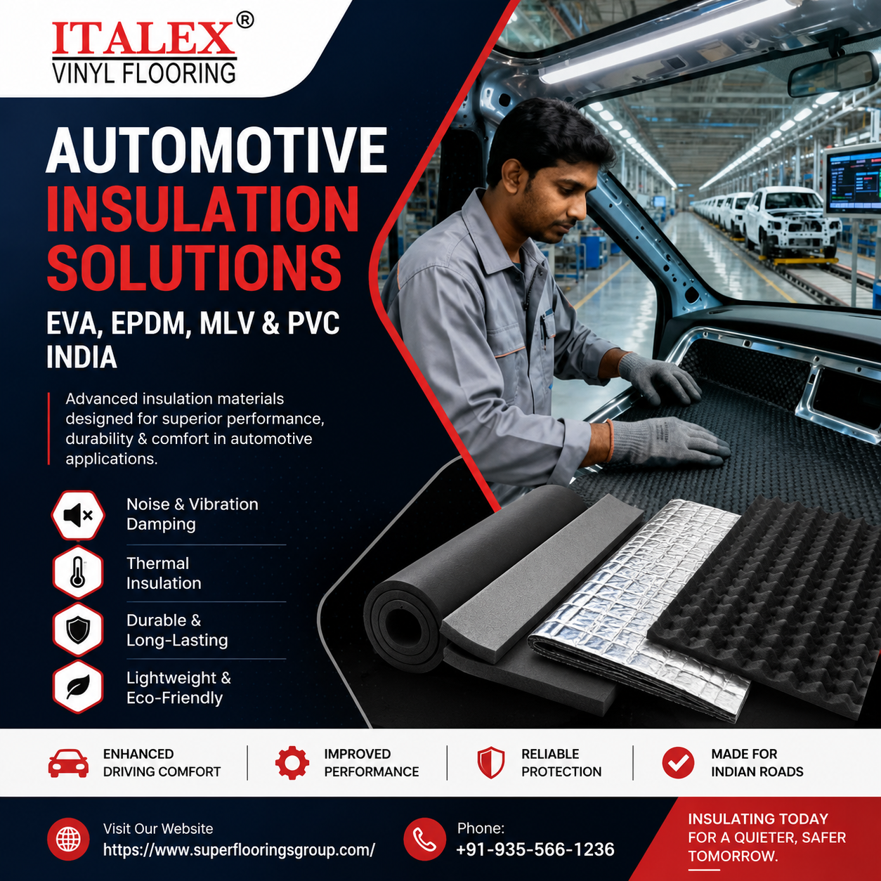 Automotive Insulation Solutions, NVH Control Materials, EVA Heavy Layer Sheets, EPDM Automotive Sheets, PVC Automotive Solutions, TPO/TPE Automotive Insulation, OEM Insulation Supplier India, Super Floorings, Automotive insulation, Modern vehicle manufacturing, Noise insulation , vibration isolation, Harshness (NVH) solutions, Lightweight characteristics, Harshness (NVH), Fuel efficiency