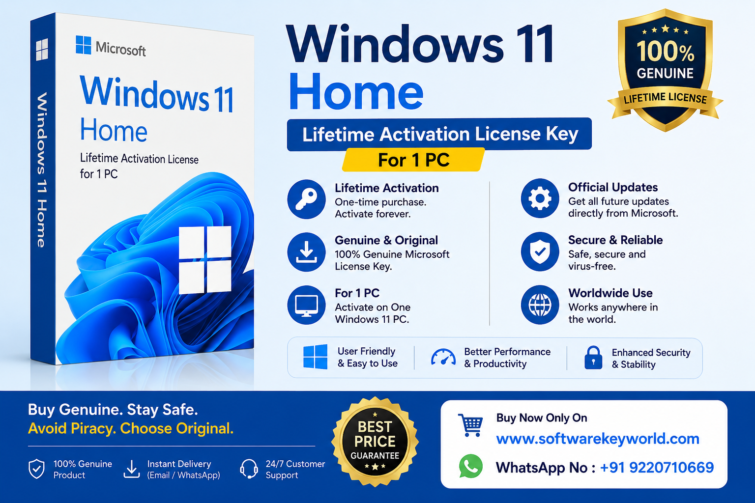 Windows 11 Pro, lifetime activation, license key, 32/64-bit, single PC license, genuine Microsoft software