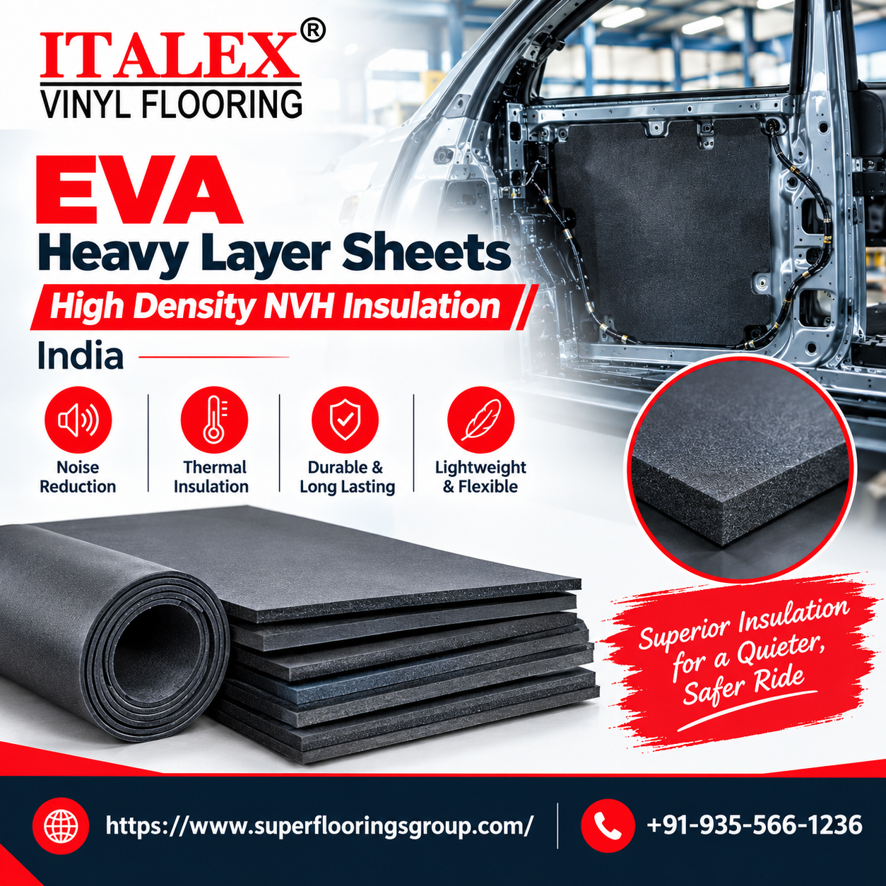 EVA Heavy Layer Sheets, NVH insulation material, high density EVA insulation, automotive sound insulation India,acoustic dampening sheets, EVA insulation manufacturer, under-carpet floor insulation