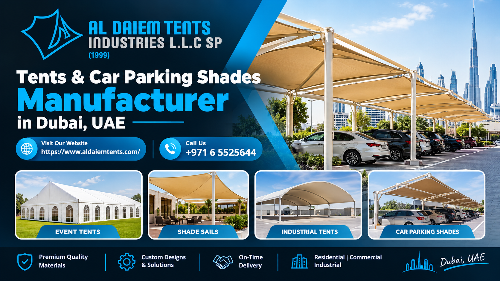 tent manufacturer Dubai, car parking shades UAE, custom tents Dubai, tensile shade structures, Arabic majlis tents, solar car parking shades